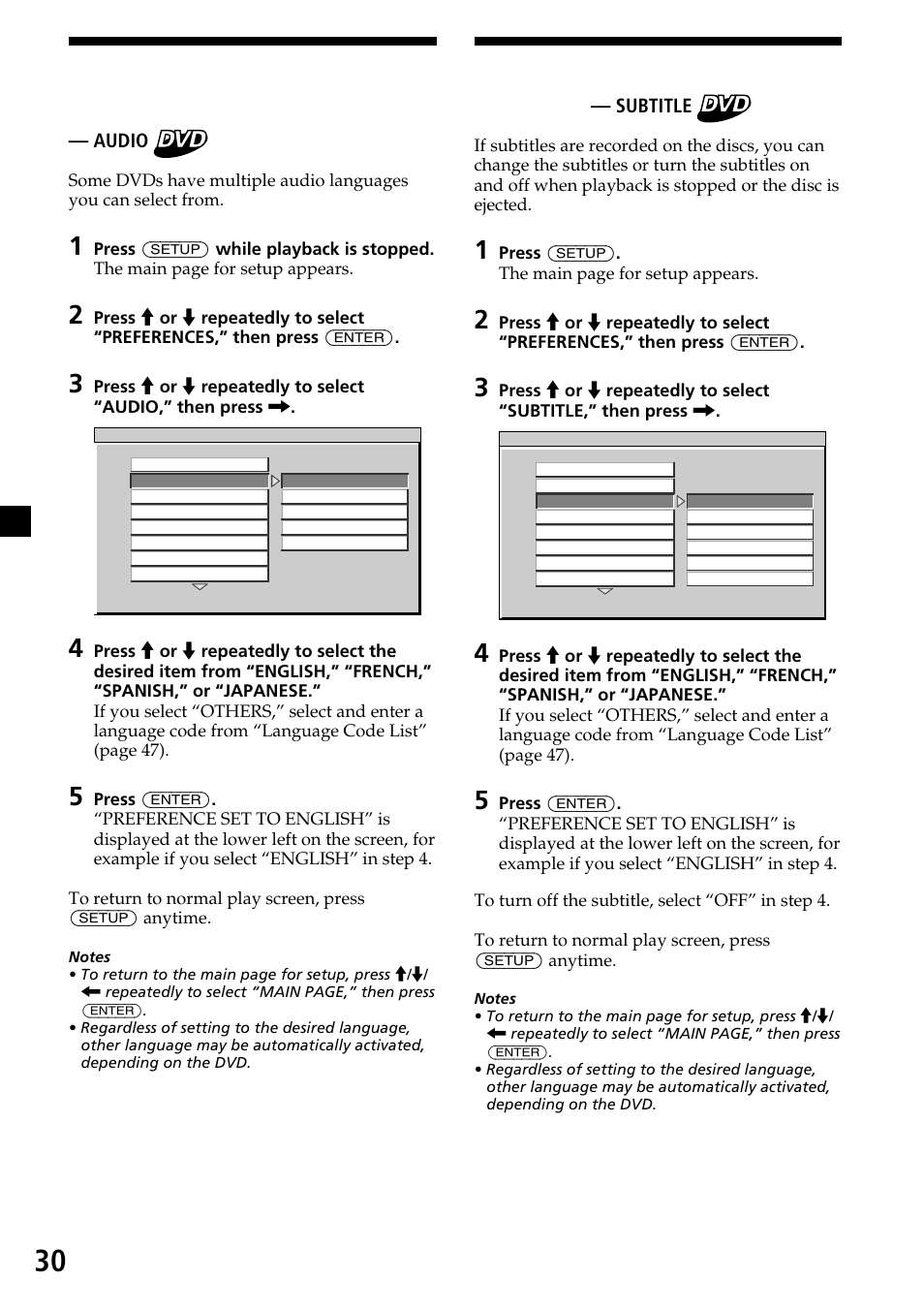 Selecting the audio language for dvd — audio, Displaying the subtitles for dvd — subtitle, 30 displaying the subtitles for dvd | Selecting the audio language for dvd, Subtitle, Audio | Sony XVM-R90D User Manual | Page 30 / 140