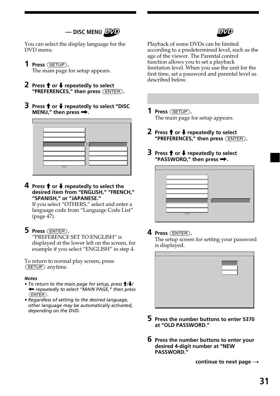 Selecting the dvd menu language — disc menu, Preparing for the initial parental setting, 31 preparing for the initial parental setting | Selecting the dvd menu language, Setting the password, Disc menu | Sony XVM-R90D User Manual | Page 31 / 140