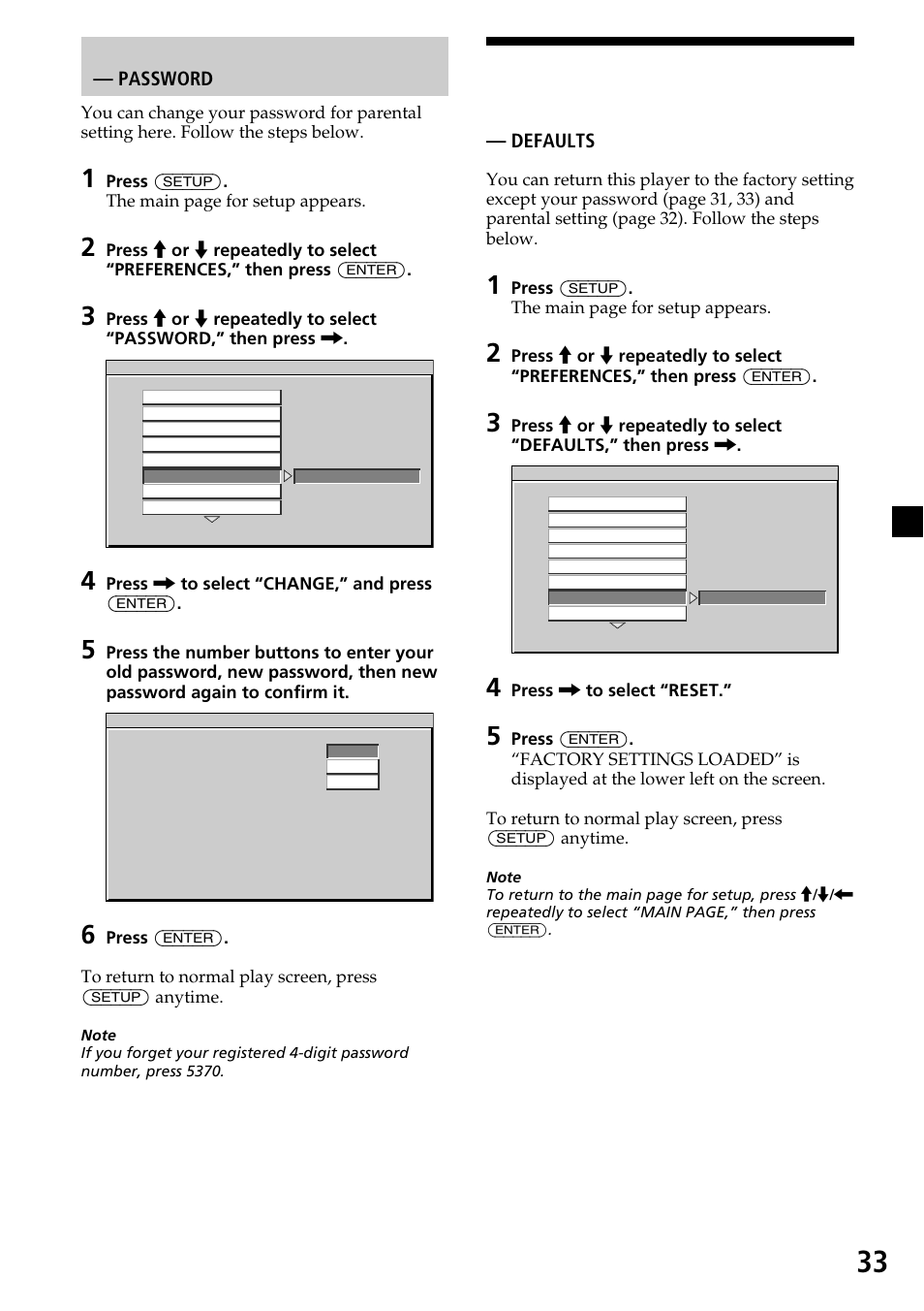 33 returning this player to the factory setting, Defaults, Changing your password — password | Sony XVM-R90D User Manual | Page 33 / 140