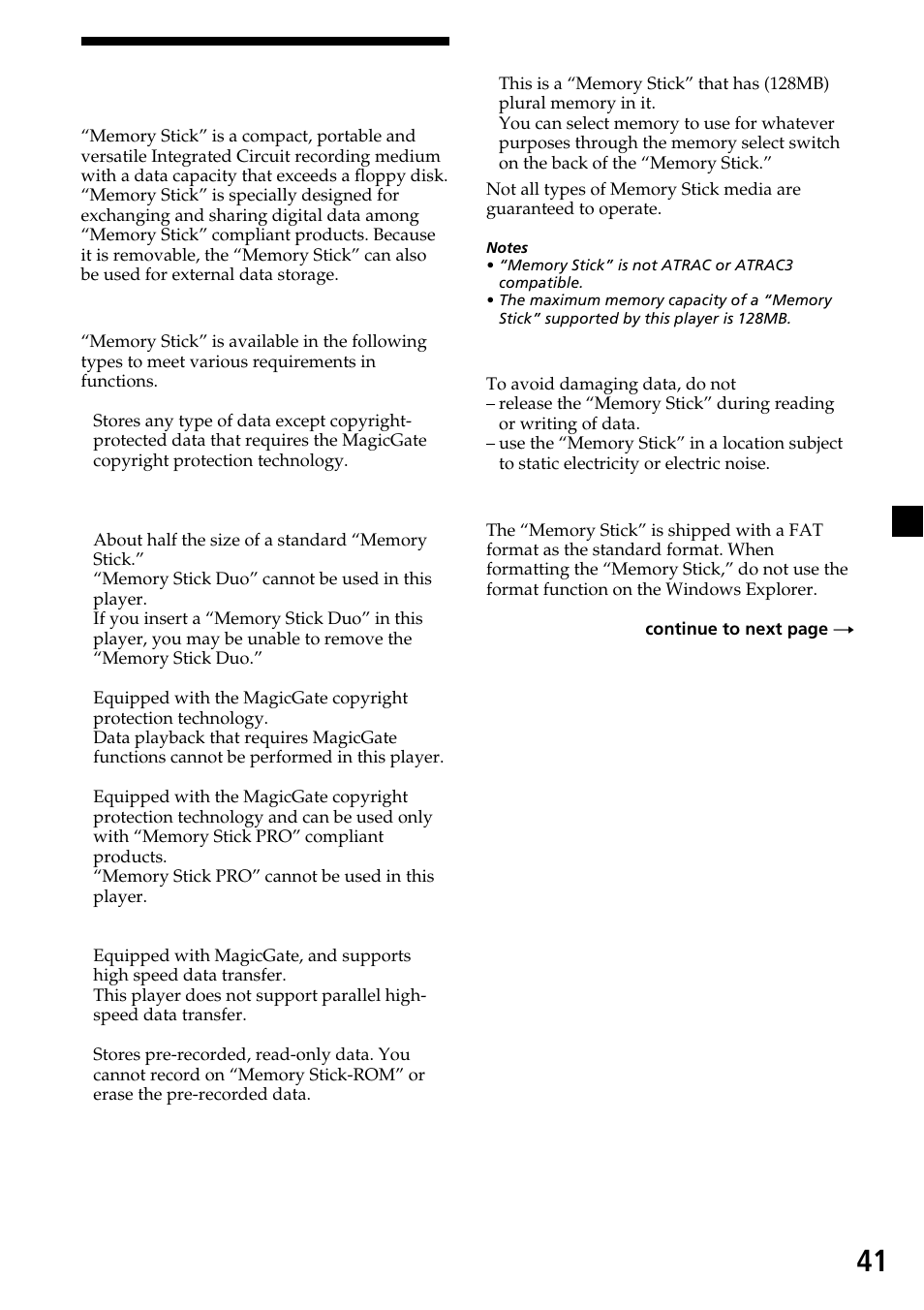About “memory stick | Sony XVM-R90D User Manual | Page 41 / 140