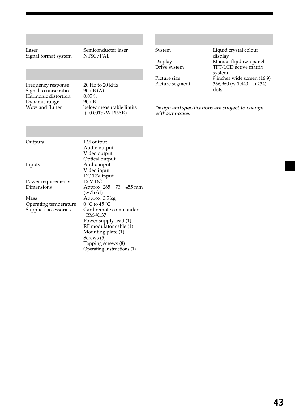 Specifications, 43 specifications, System | Audio characteristics, General, Monitor | Sony XVM-R90D User Manual | Page 43 / 140