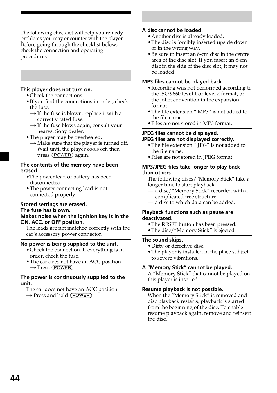 Troubleshooting, 44 troubleshooting | Sony XVM-R90D User Manual | Page 44 / 140