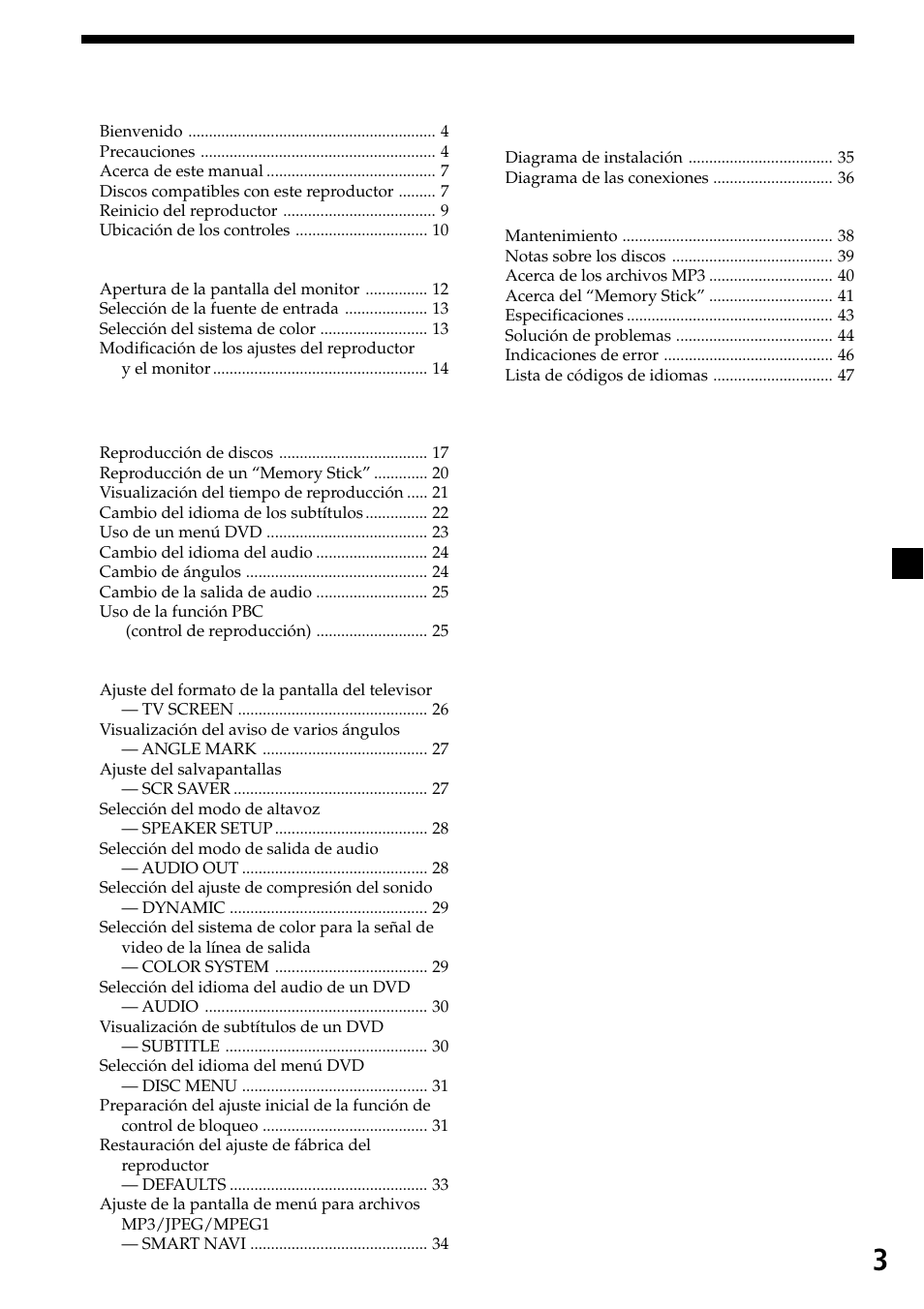 3índice, Operación del monitor, Diversas funciones de reproducción | Cambio de la configuración, Conexiones, Información adicional | Sony XVM-R90D User Manual | Page 49 / 140