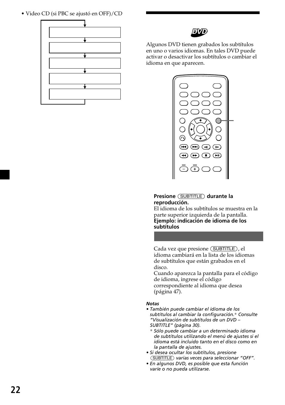 22 cambio del idioma de los subtítulos, Video cd (si pbc se ajustó en off)/cd | Sony XVM-R90D User Manual | Page 68 / 140