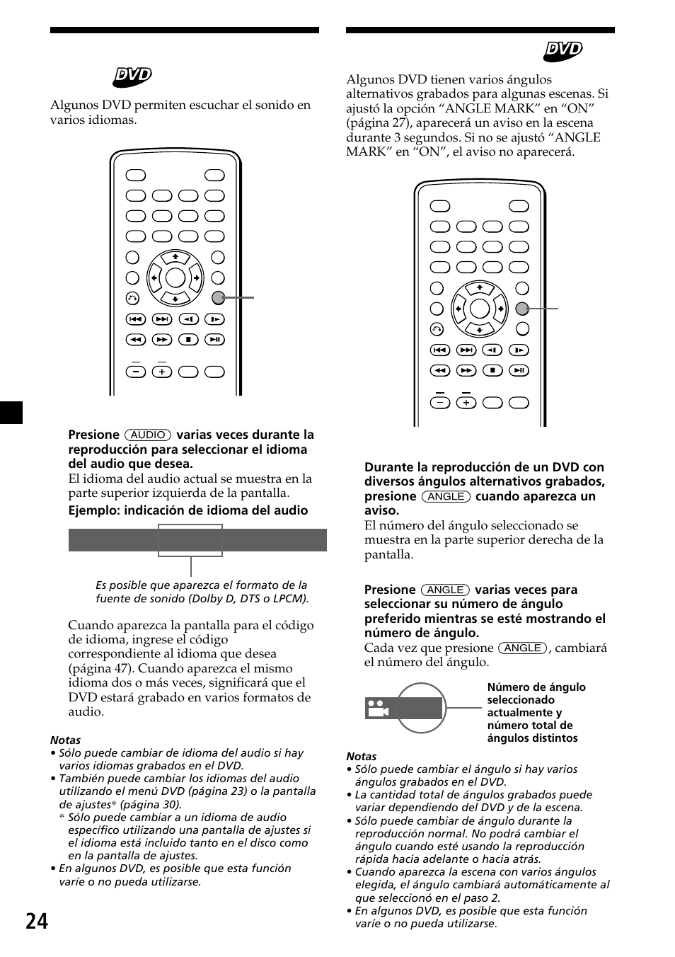 24 cambio de ángulos, Cambio del idioma del audio, Audio 1/2: dolby d 5.1 english | Sony XVM-R90D User Manual | Page 70 / 140
