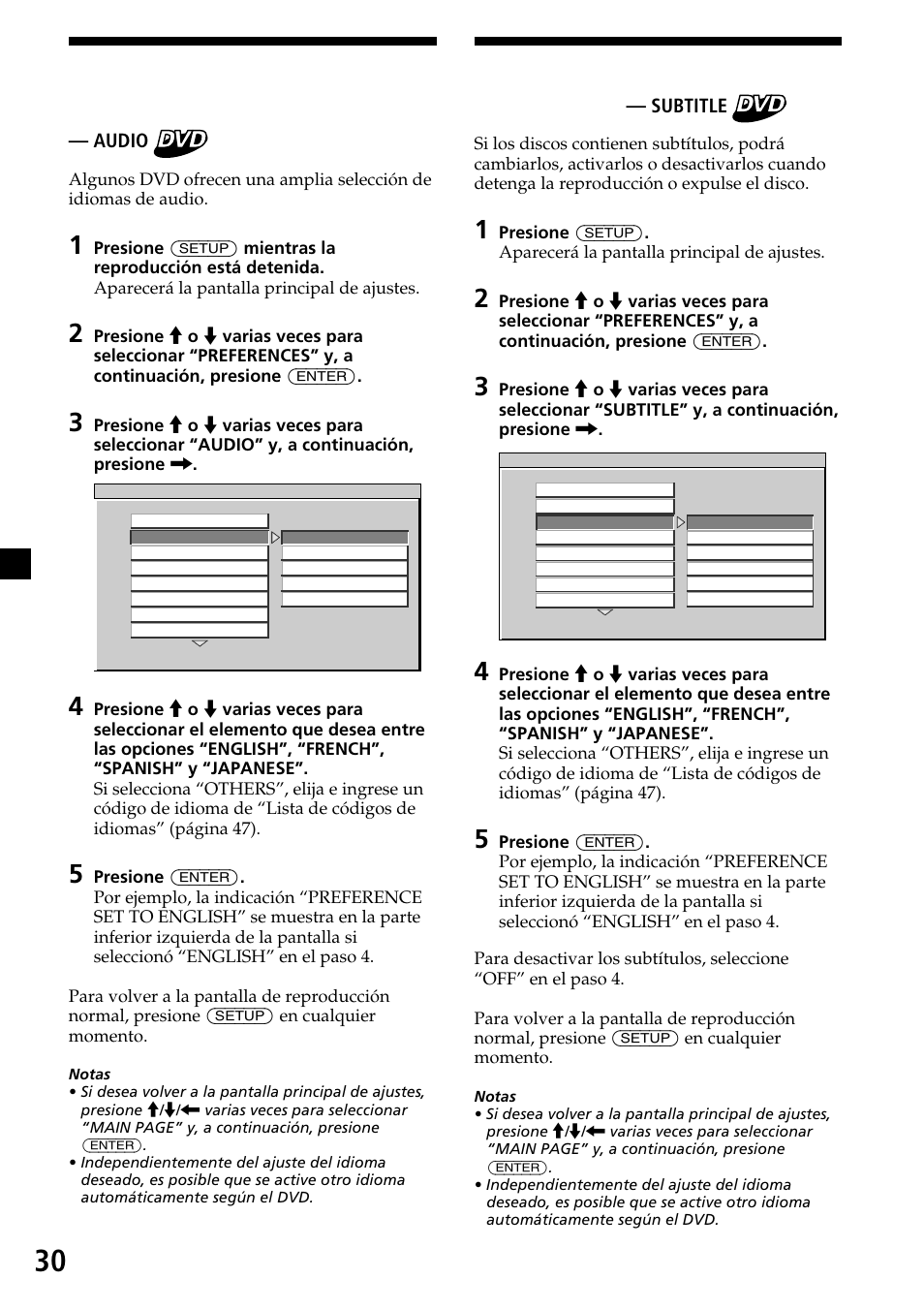 30 visualización de subtítulos de un dvd, Selección del idioma del audio de un dvd, Subtitle | Audio | Sony XVM-R90D User Manual | Page 76 / 140