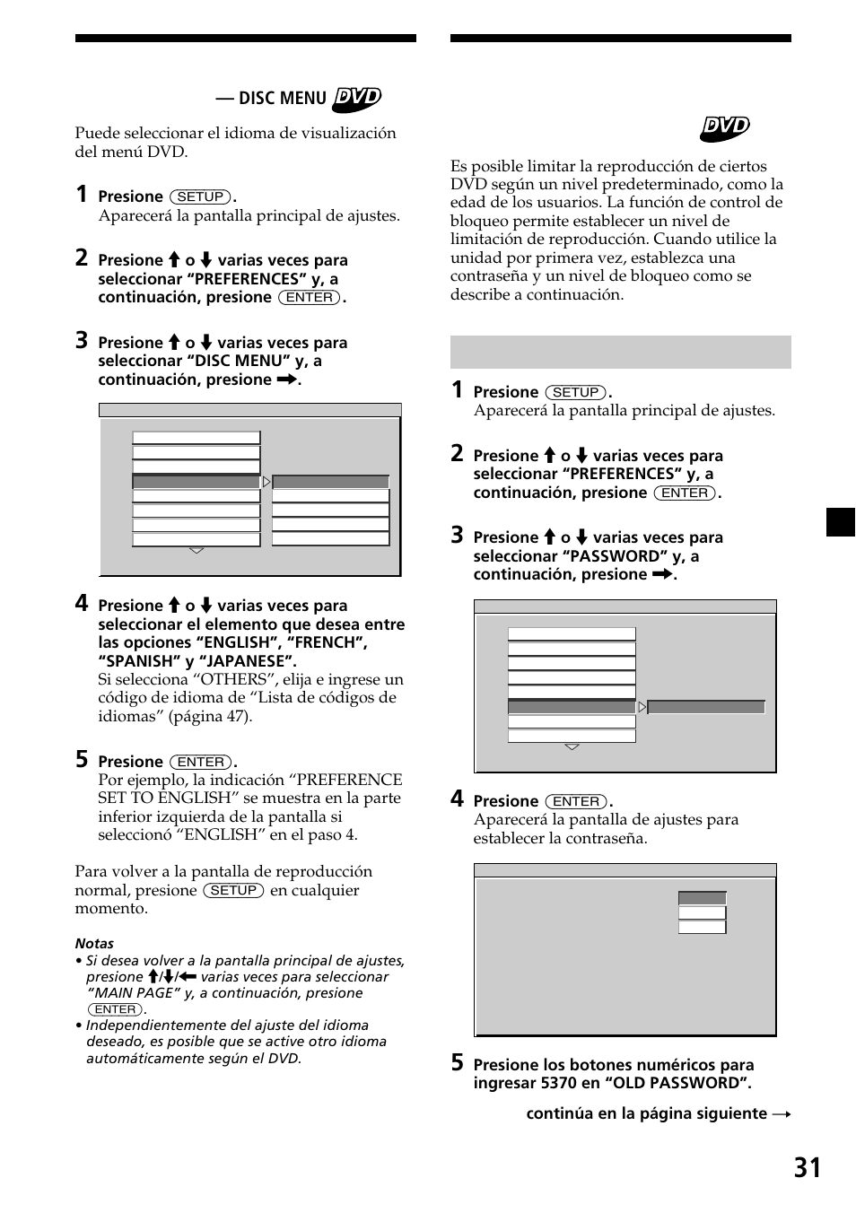 Selección del idioma del menú dvd, Ajuste de la contraseña, Disc menu | Sony XVM-R90D User Manual | Page 77 / 140