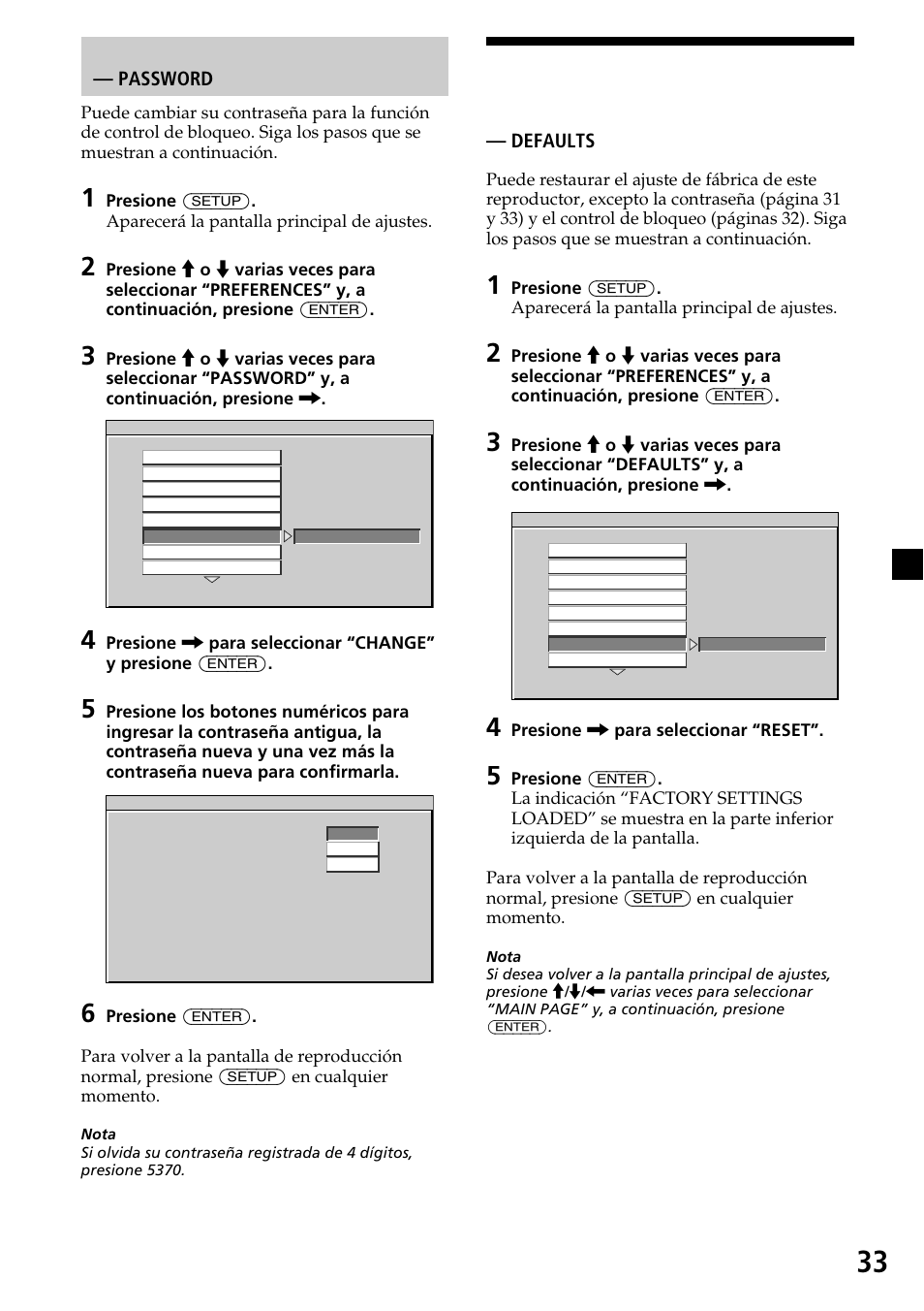 Defaults, Cambio de la contraseña — password | Sony XVM-R90D User Manual | Page 79 / 140