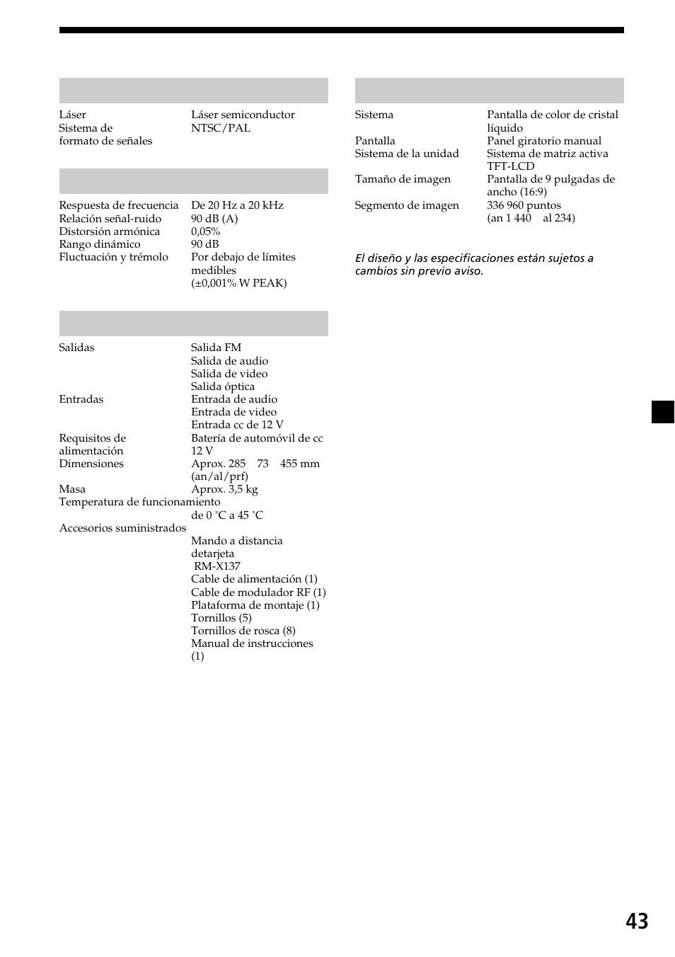 43 especificaciones, Sistema, Características de audio | Generales, Monitor | Sony XVM-R90D User Manual | Page 89 / 140