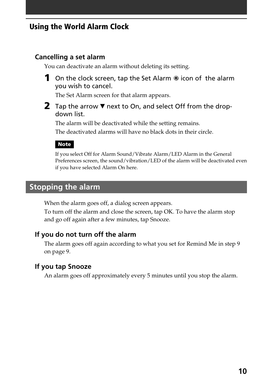 Stopping the alarm, Using the world alarm clock | Sony CLIE World Alarm Clock User Manual | Page 10 / 12