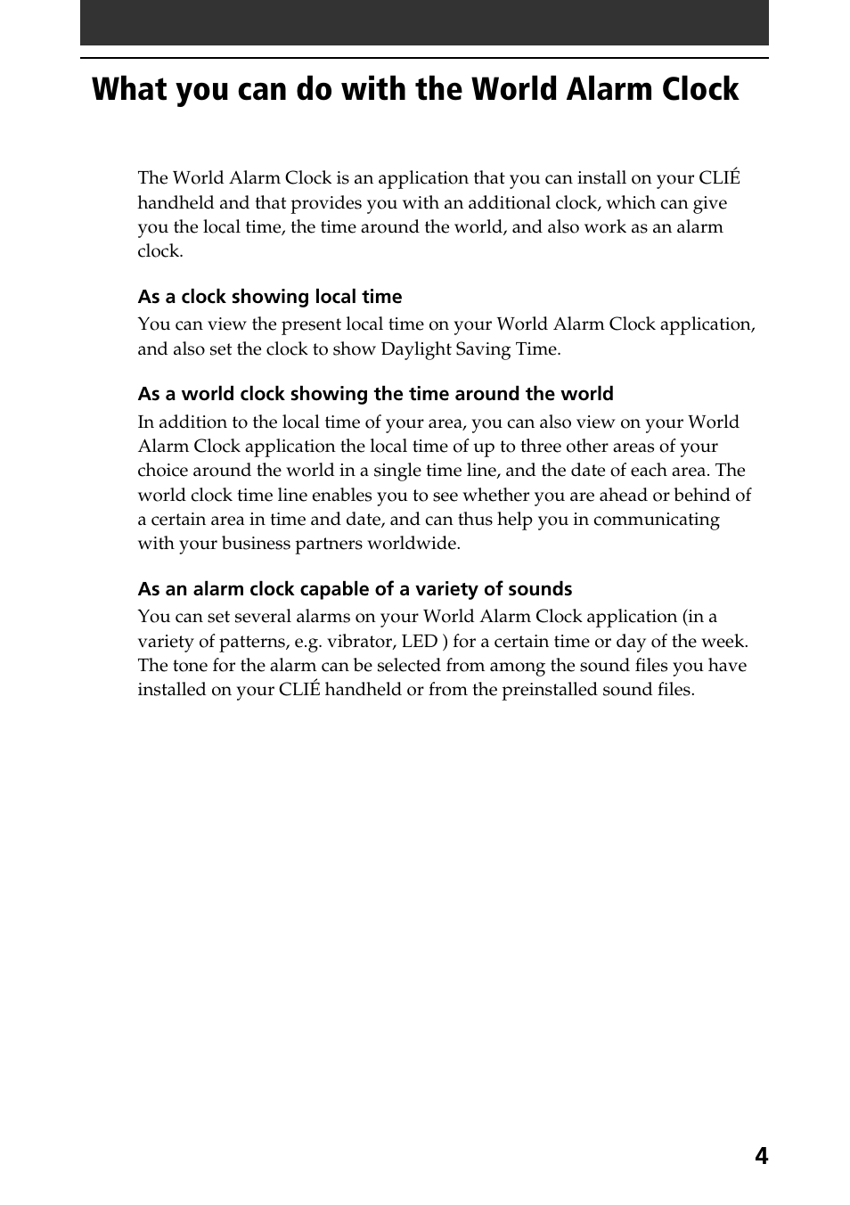 What you can do with the world alarm clock | Sony CLIE World Alarm Clock User Manual | Page 4 / 12
