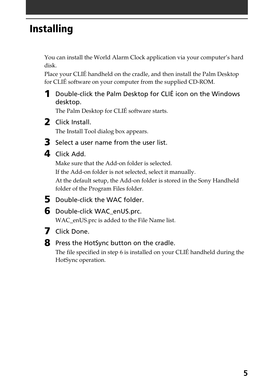 Installing | Sony CLIE World Alarm Clock User Manual | Page 5 / 12