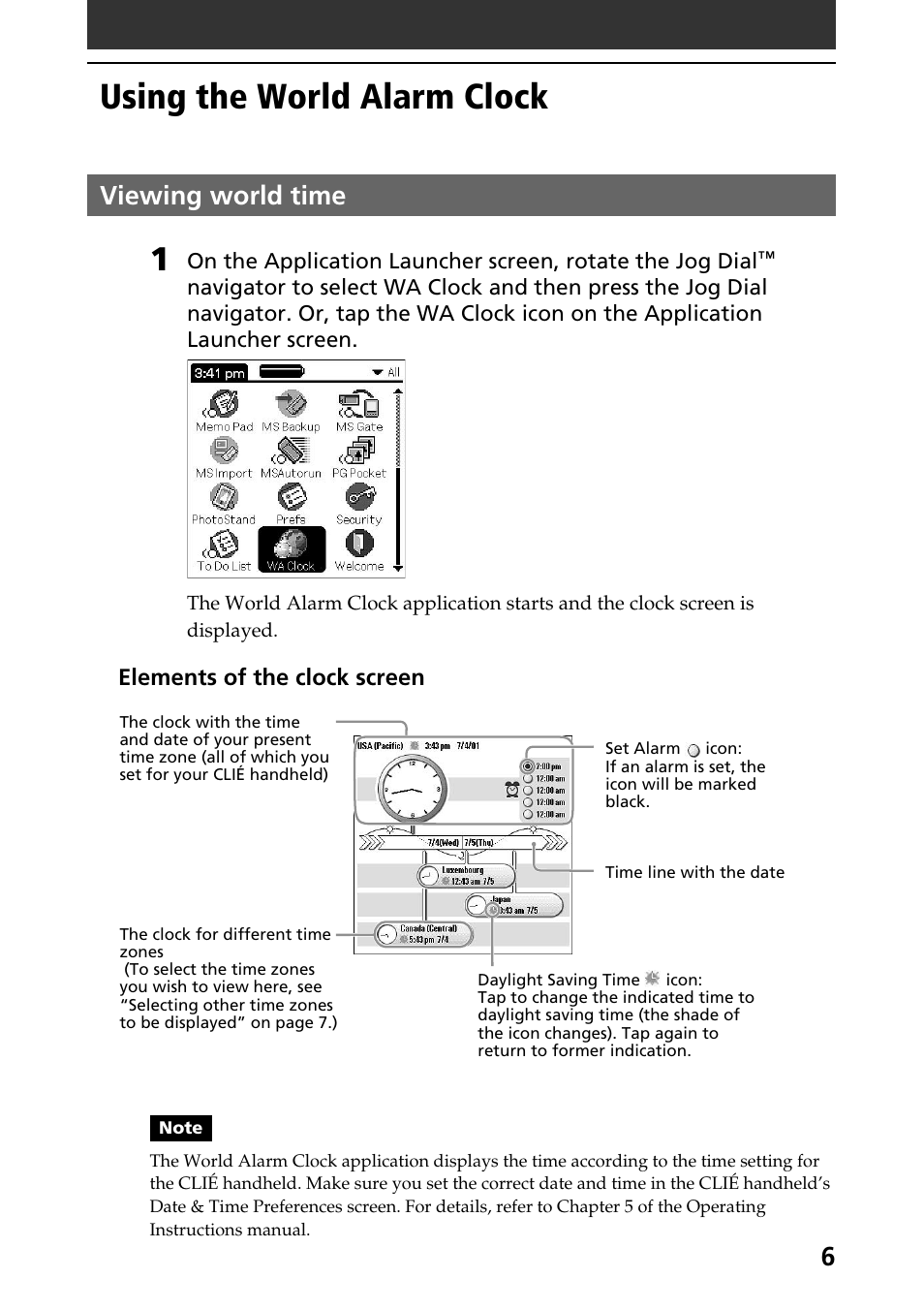 Using the world alarm clock, Viewing world time | Sony CLIE World Alarm Clock User Manual | Page 6 / 12