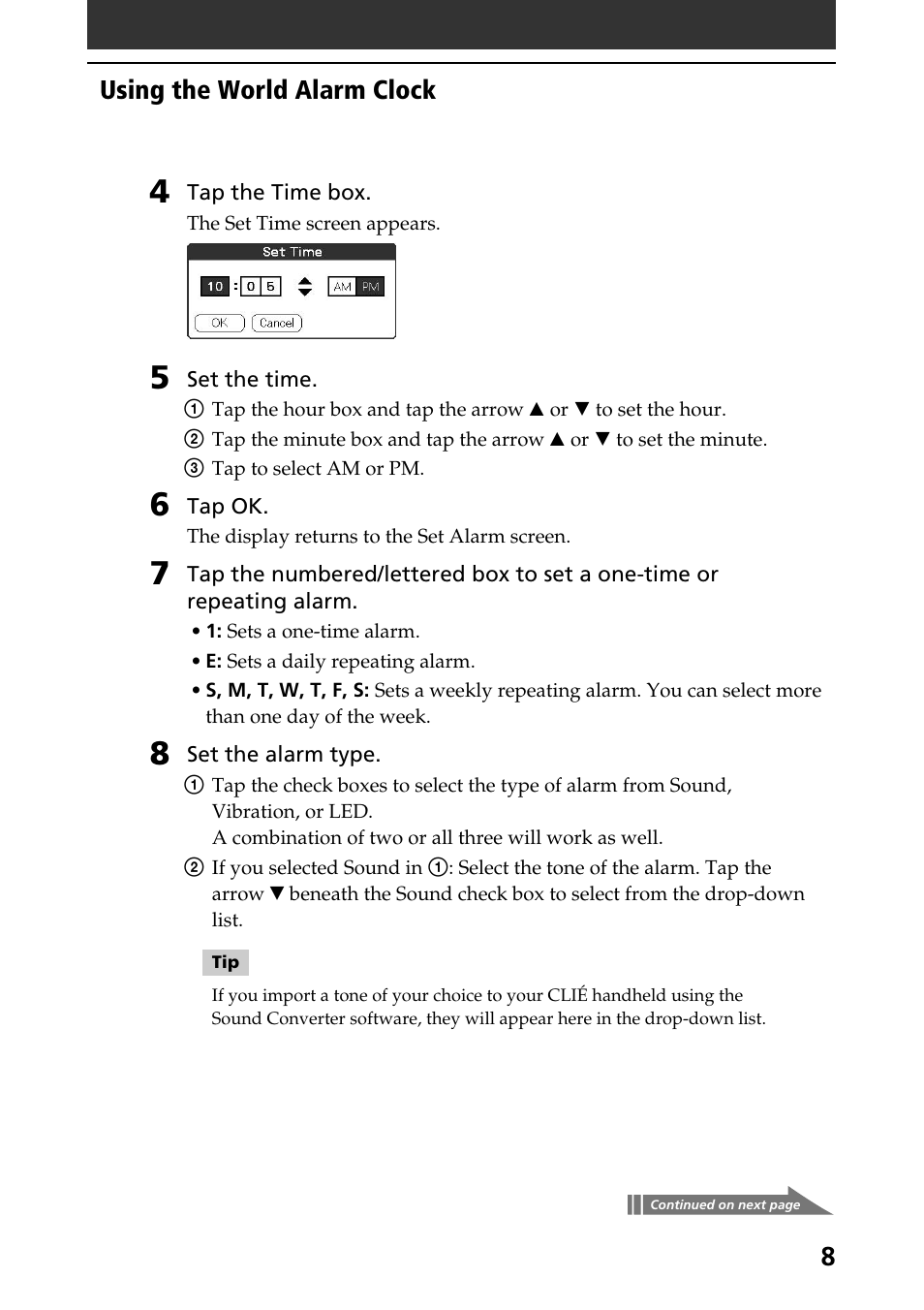 Using the world alarm clock | Sony CLIE World Alarm Clock User Manual | Page 8 / 12