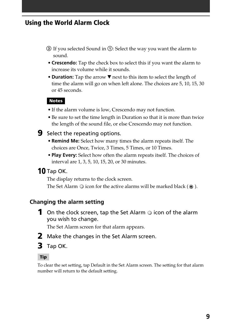 Using the world alarm clock | Sony CLIE World Alarm Clock User Manual | Page 9 / 12