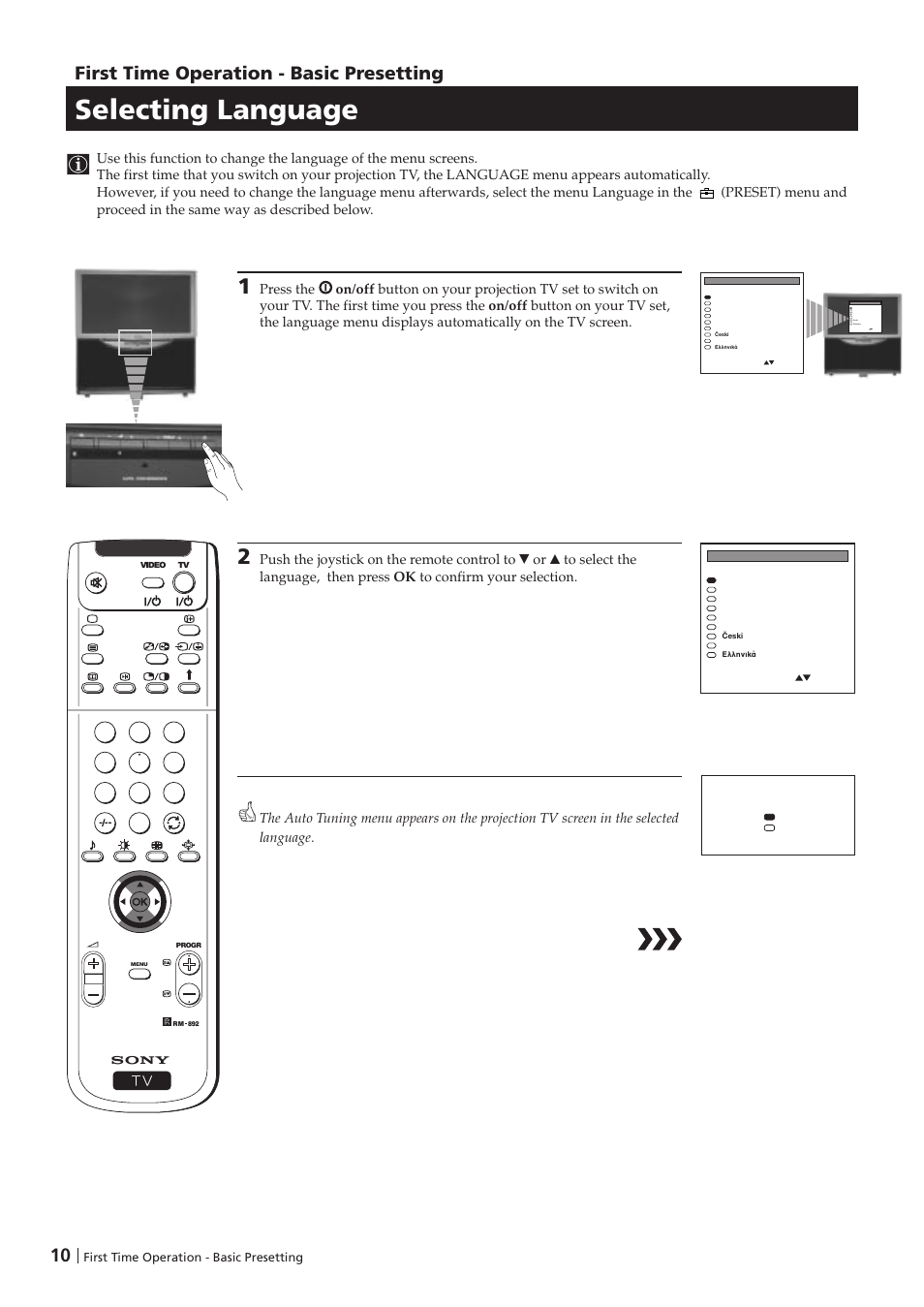 Selecting language, First time operation - basic presetting | Sony KP-41PZ1D User Manual | Page 10 / 135