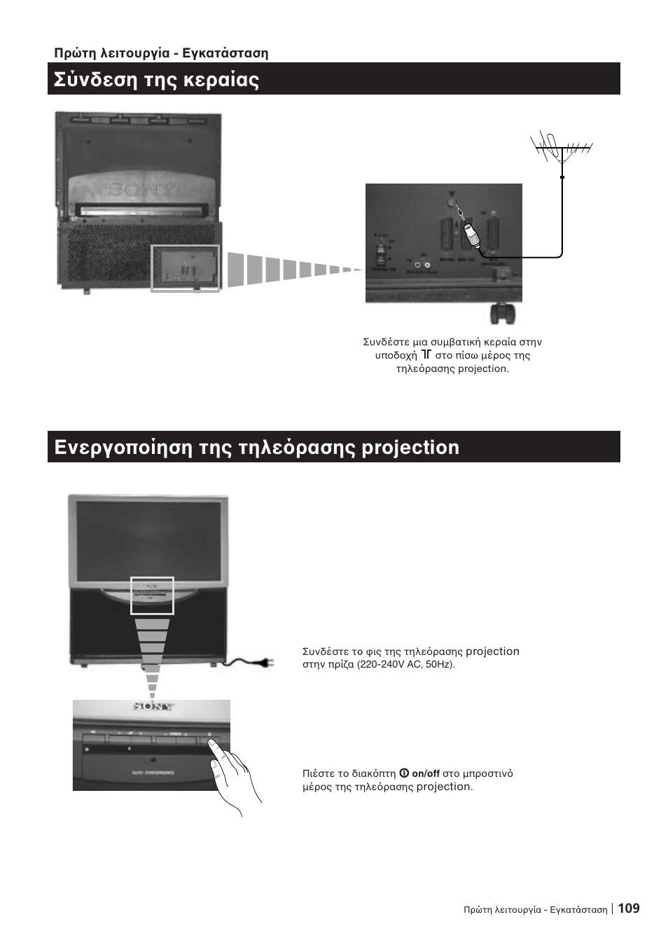 Σύνδεση της κεραίας, Ενεργ π ίηση της τηλε ρασης projection | Sony KP-41PZ1D User Manual | Page 109 / 135