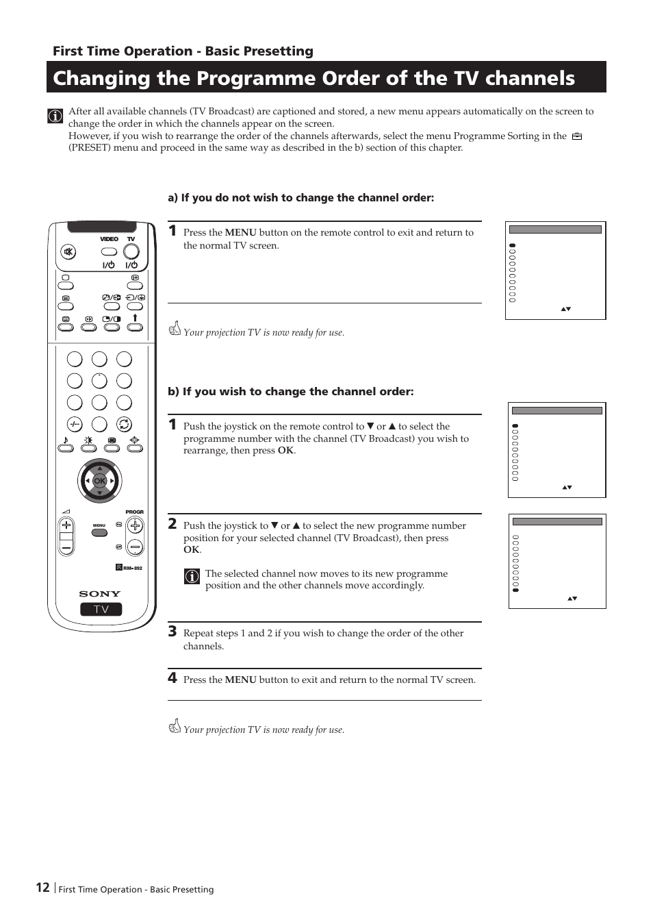 Changing the programme order of the tv channels, First time operation - basic presetting, A) if you do not wish to change the channel order | B) if you wish to change the channel order | Sony KP-41PZ1D User Manual | Page 12 / 135