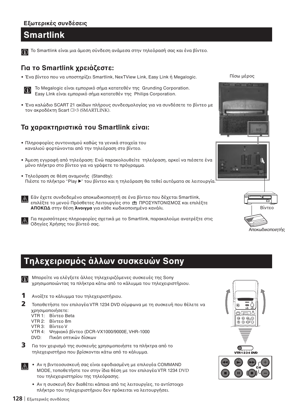 Smartlink, Tηλε ειρισµ ς άλλων συσκευών sony, Για τ smartlink ρειά εστε | Tα αρακτηριστικά τ υ smartlink είναι, 128 ε ωτερικές συνδέσεις | Sony KP-41PZ1D User Manual | Page 128 / 135