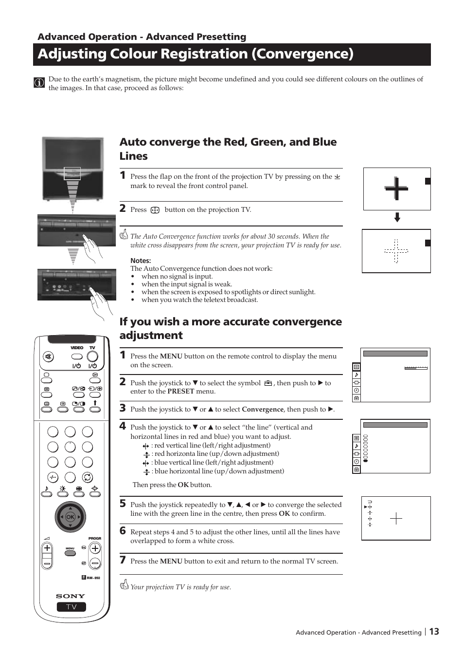 Adjusting colour registration (convergence), Auto converge the red, green, and blue lines 1, 13 advanced operation - advanced presetting | Sony KP-41PZ1D User Manual | Page 13 / 135