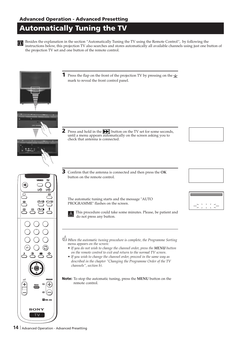 Automatically tuning the tv, 14 advanced operation - advanced presetting | Sony KP-41PZ1D User Manual | Page 14 / 135