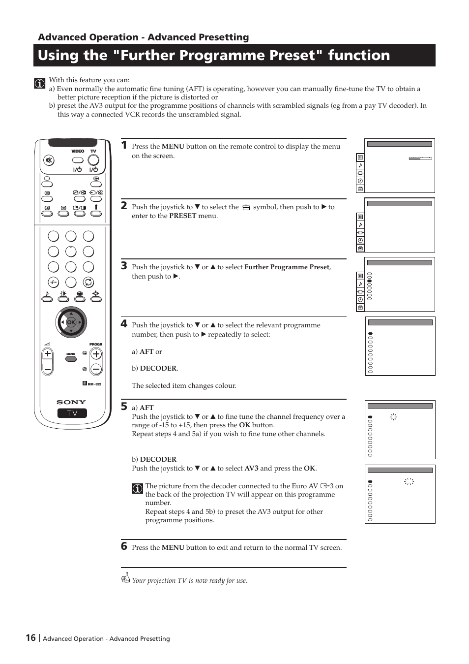 Using the "further programme preset" function, Advanced operation - advanced presetting | Sony KP-41PZ1D User Manual | Page 16 / 135