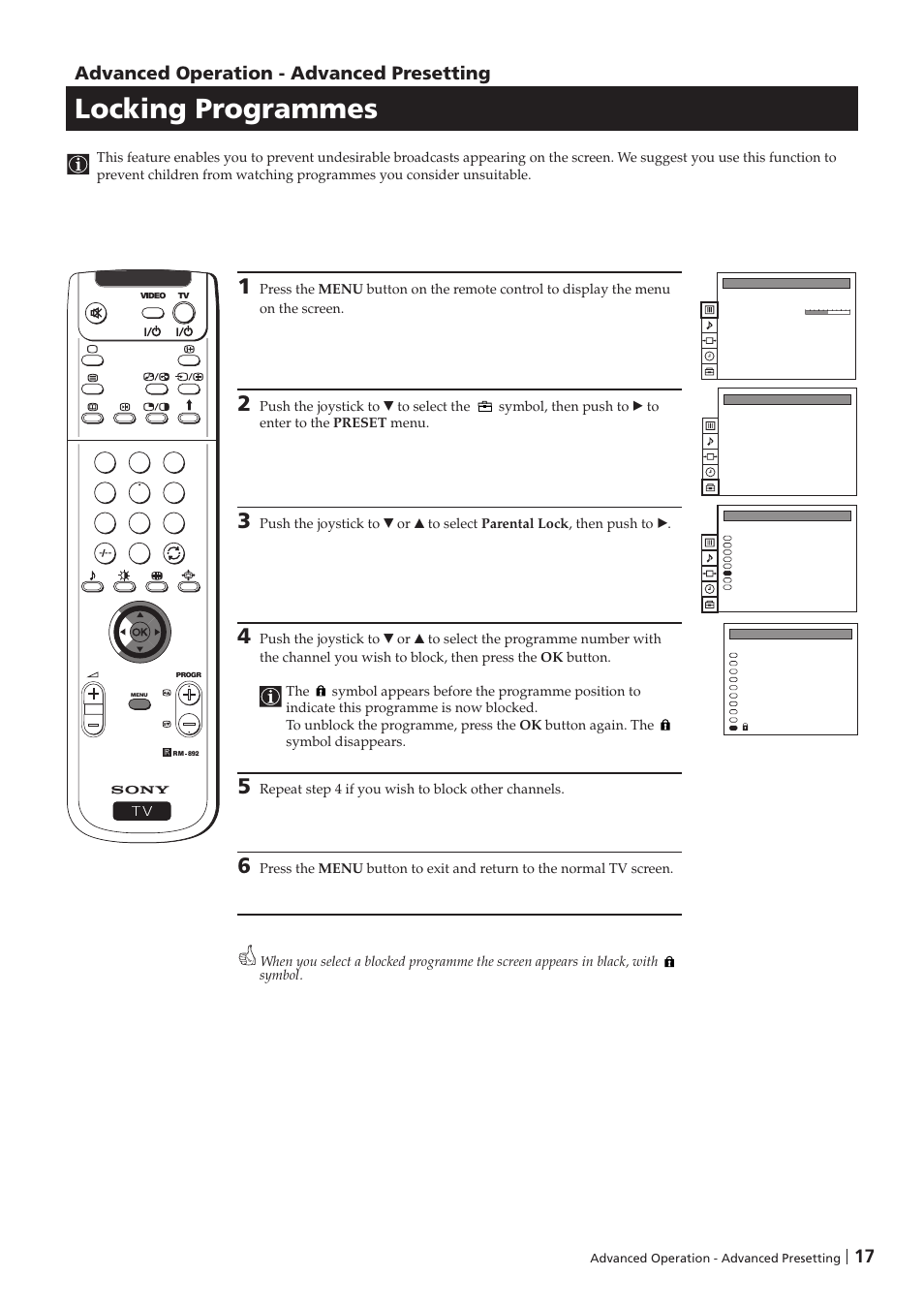 Locking programmes, Advanced operation - advanced presetting | Sony KP-41PZ1D User Manual | Page 17 / 135