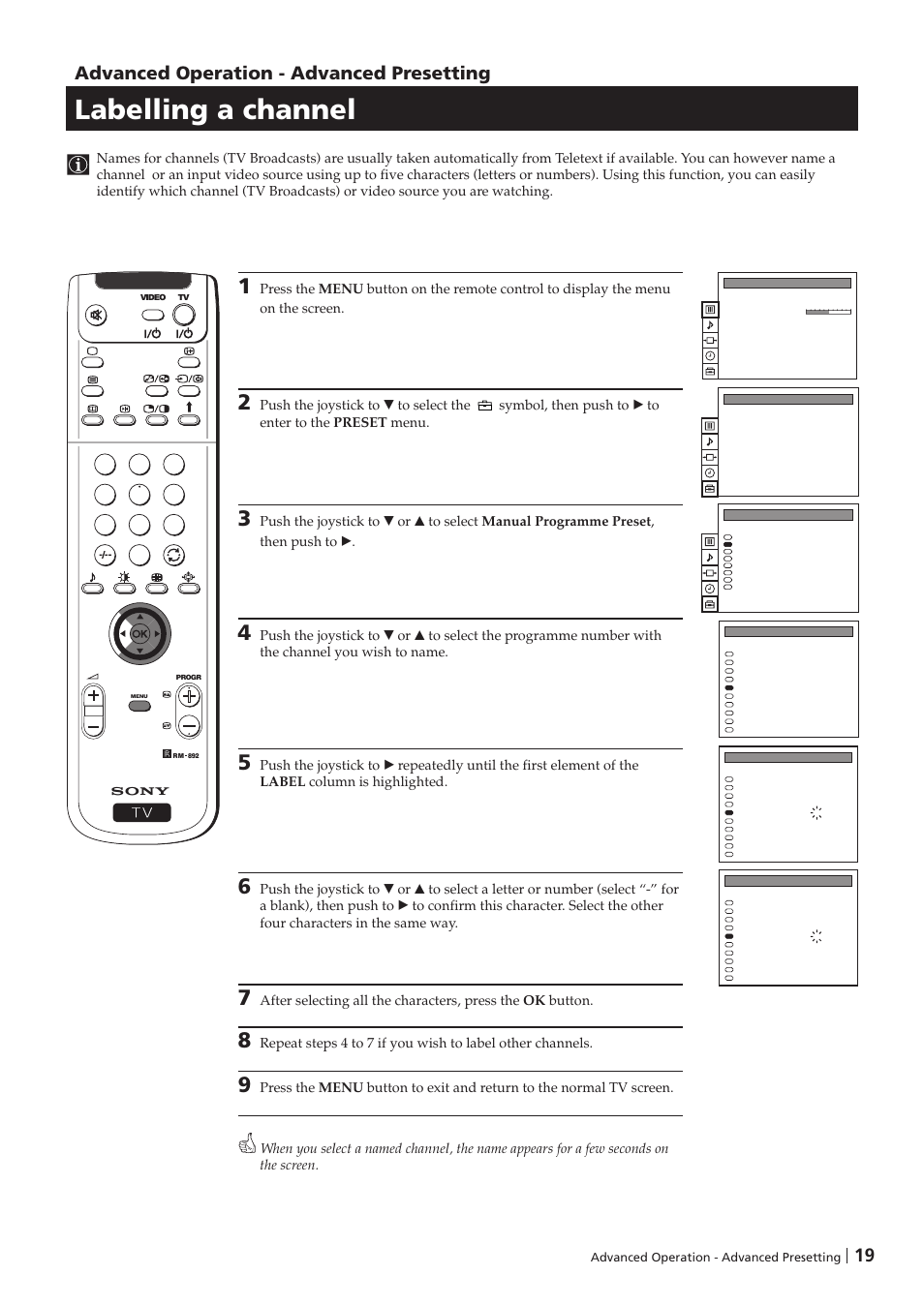 Labelling a channel, Advanced operation - advanced presetting | Sony KP-41PZ1D User Manual | Page 19 / 135