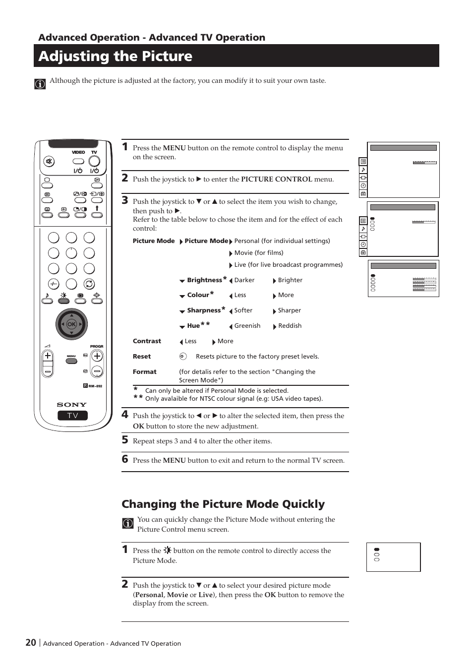 Adjusting the picture, Changing the picture mode quickly, Advanced operation - advanced tv operation | Sony KP-41PZ1D User Manual | Page 20 / 135