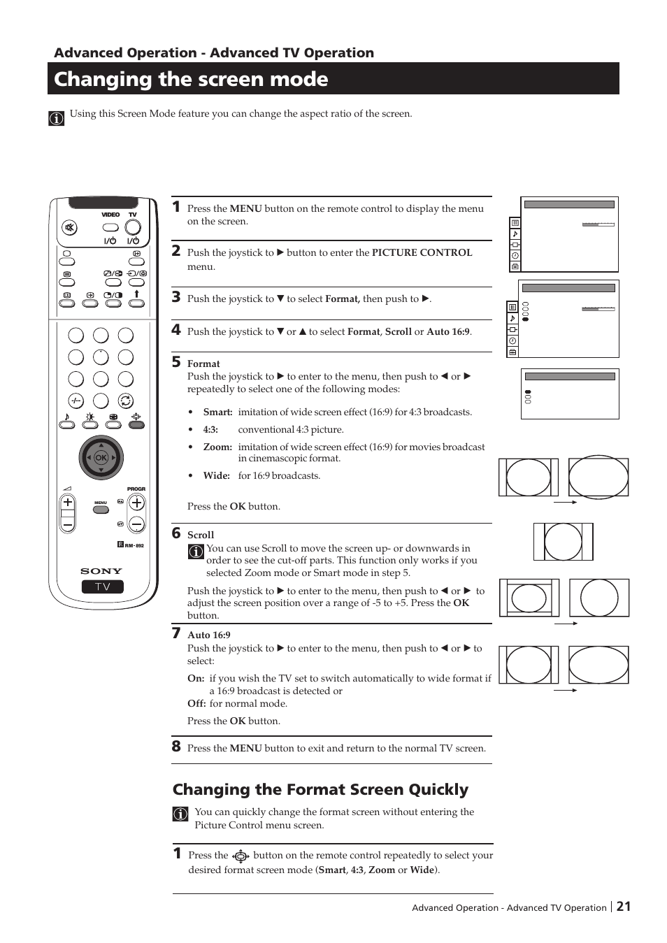 Changing the screen mode, Changing the format screen quickly, Advanced operation - advanced tv operation | Sony KP-41PZ1D User Manual | Page 21 / 135