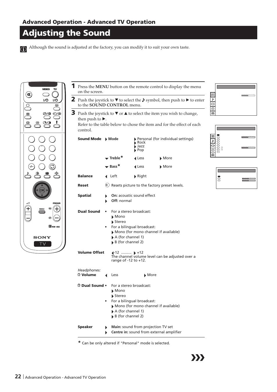 Adjusting the sound, Advanced operation - advanced tv operation | Sony KP-41PZ1D User Manual | Page 22 / 135