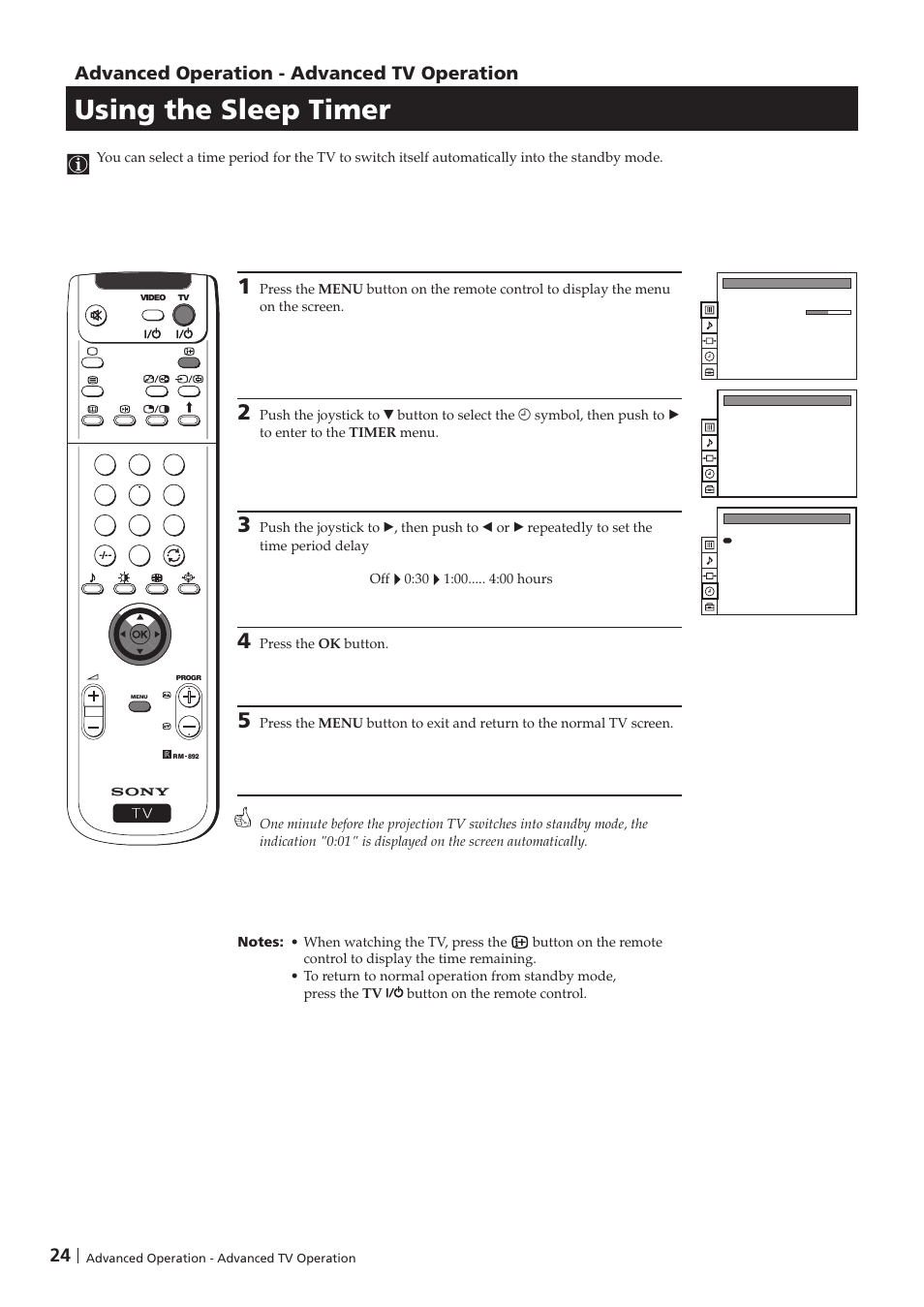 Using the sleep timer, Advanced operation - advanced tv operation | Sony KP-41PZ1D User Manual | Page 24 / 135