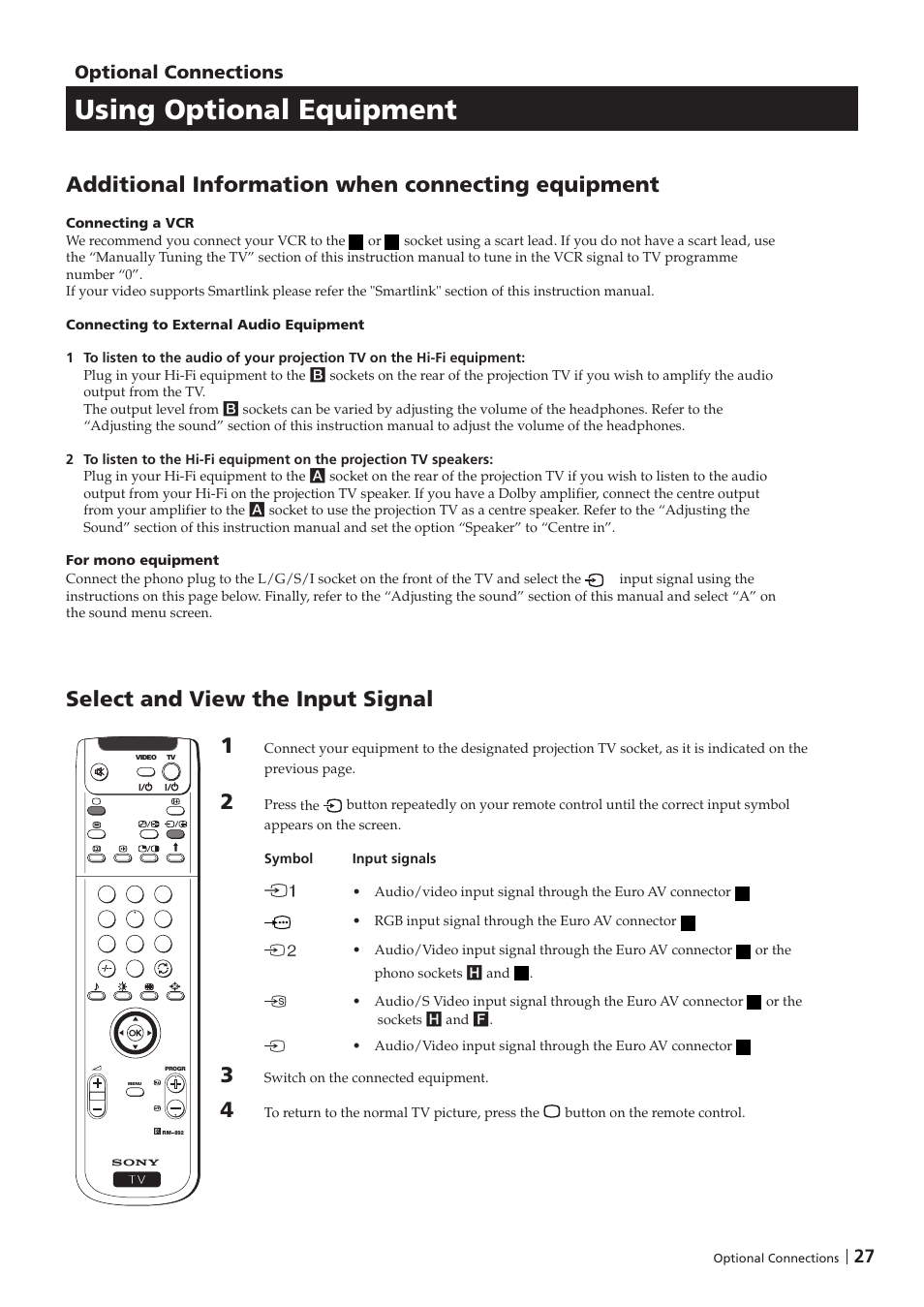 Using optional equipment, Additional information when connecting equipment, Select and view the input signal | 27 optional connections | Sony KP-41PZ1D User Manual | Page 27 / 135