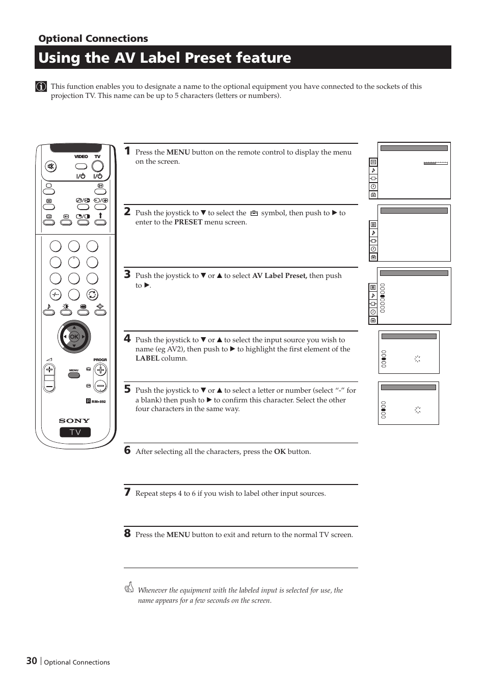 Using the av label preset feature, 30 optional connections | Sony KP-41PZ1D User Manual | Page 30 / 135