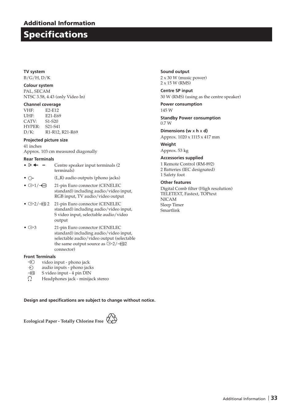 Specifications, Additional information | Sony KP-41PZ1D User Manual | Page 33 / 135