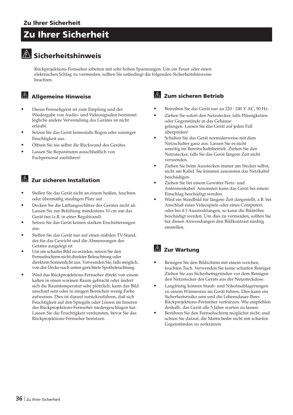 Zu ihrer sicherheit, Sicherheitshinweis | Sony KP-41PZ1D User Manual | Page 36 / 135