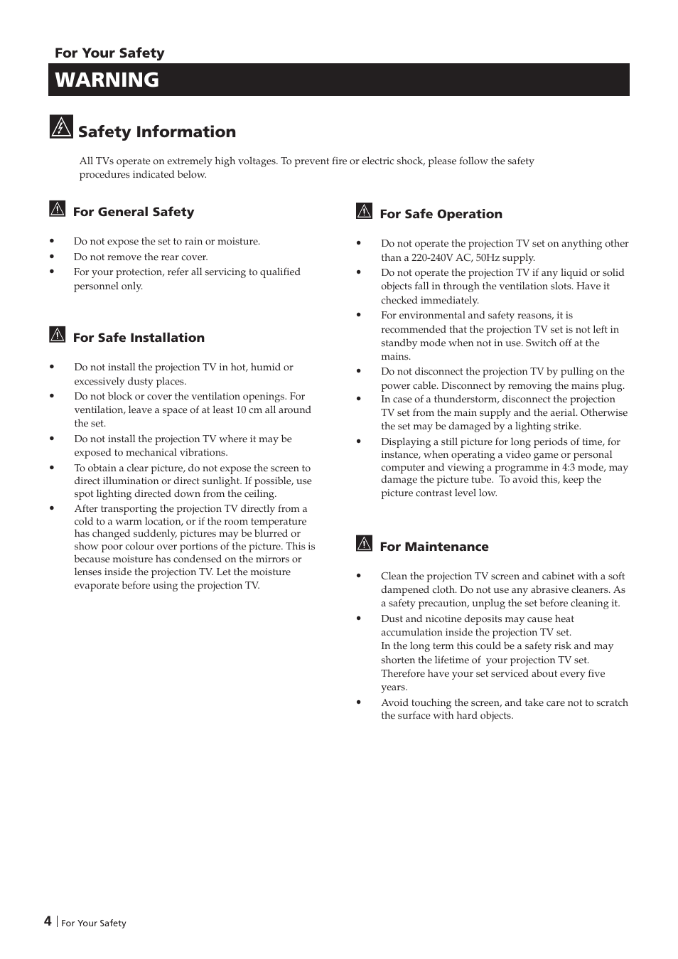 Warning, Safety information | Sony KP-41PZ1D User Manual | Page 4 / 135