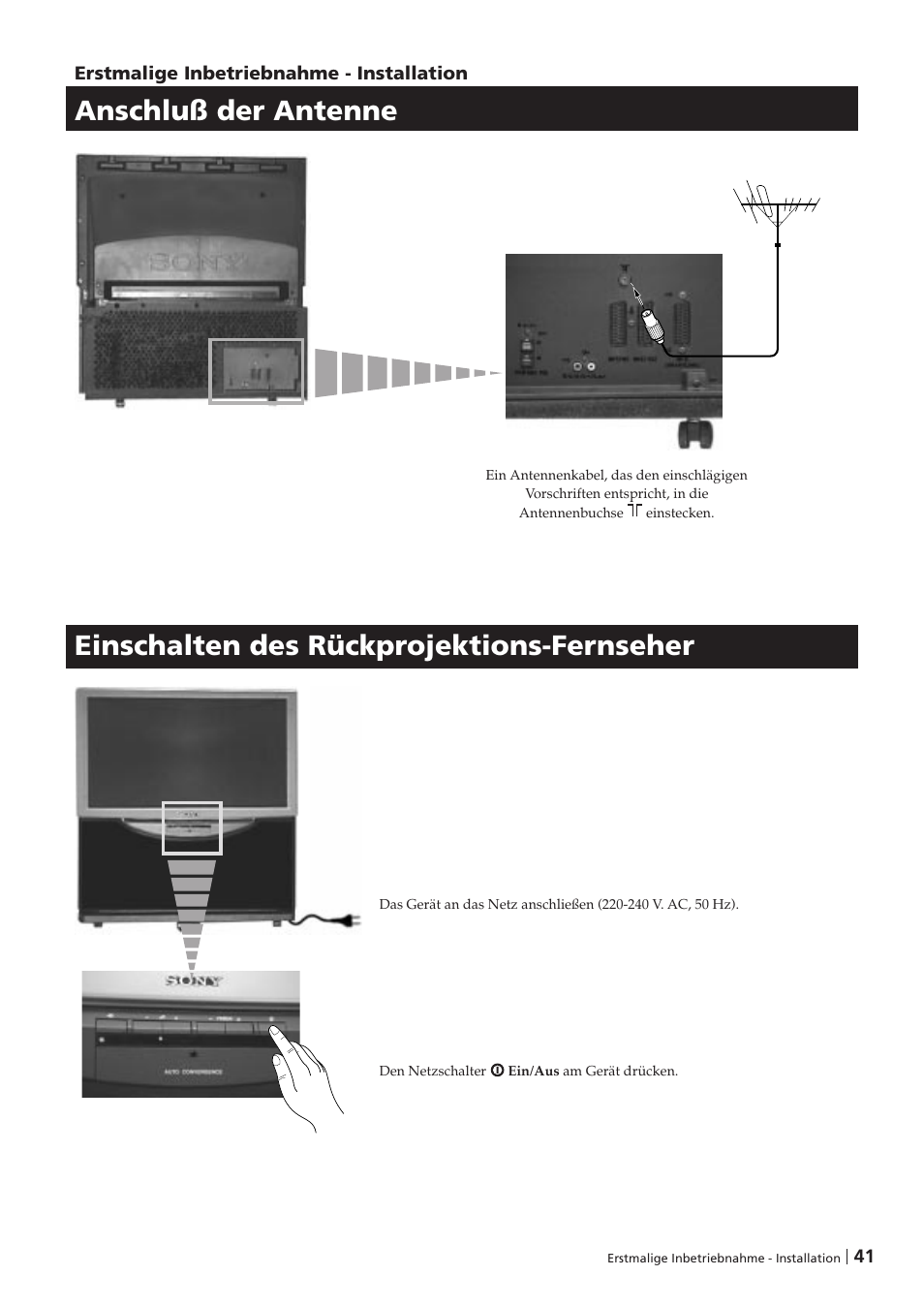 Anschluß der antenne, Einschalten des rückprojektions-fernseher | Sony KP-41PZ1D User Manual | Page 41 / 135