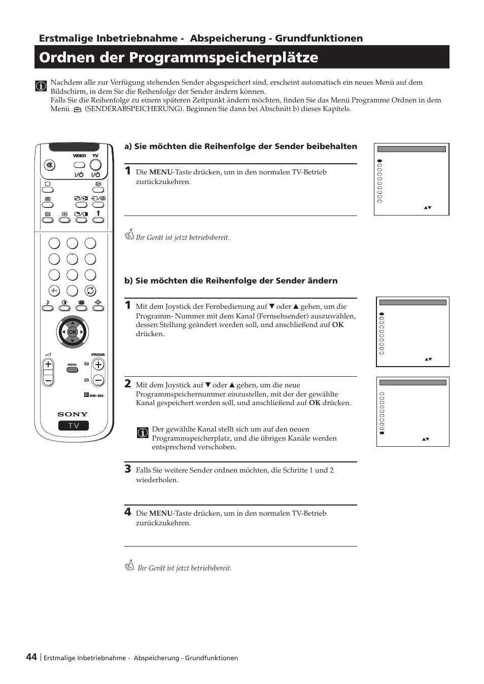 Ordnen der programmspeicherplätze, B) sie möchten die reihenfolge der sender ändern | Sony KP-41PZ1D User Manual | Page 44 / 135