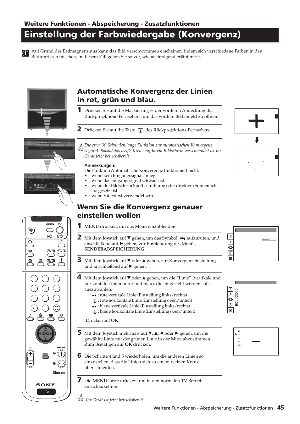 Einstellung der farbwiedergabe (konvergenz) | Sony KP-41PZ1D User Manual | Page 45 / 135