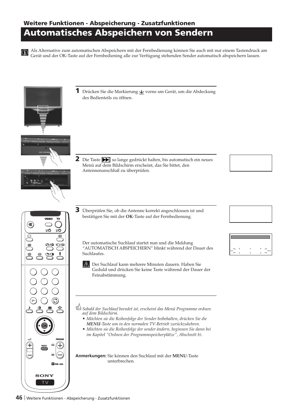 Automatisches abspeichern von sendern | Sony KP-41PZ1D User Manual | Page 46 / 135