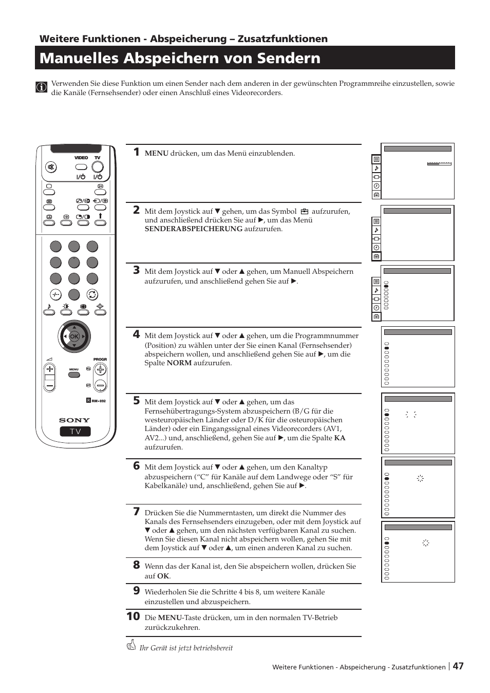 Manuelles abspeichern von sendern | Sony KP-41PZ1D User Manual | Page 47 / 135