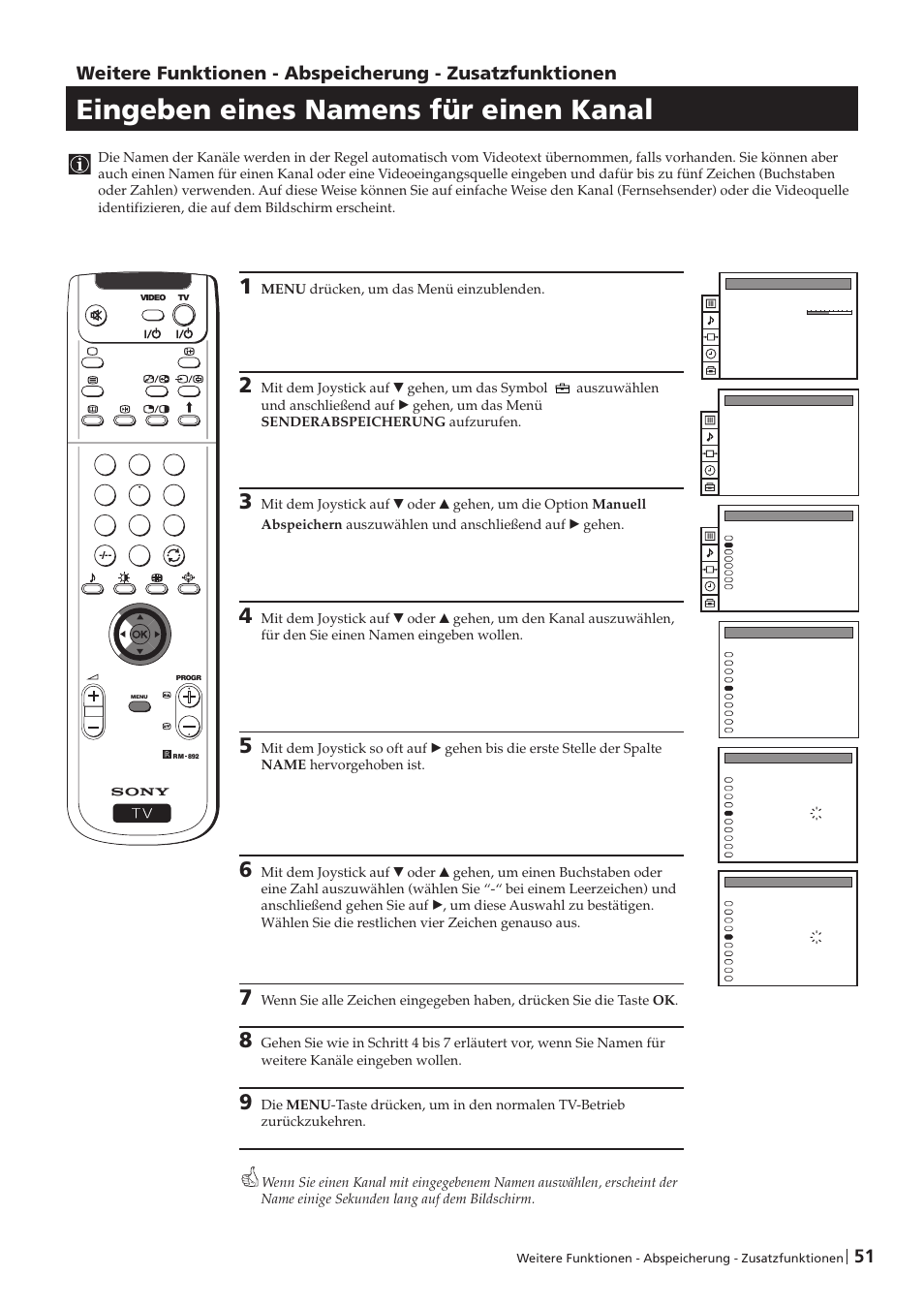 Eingeben eines namens für einen kanal | Sony KP-41PZ1D User Manual | Page 51 / 135