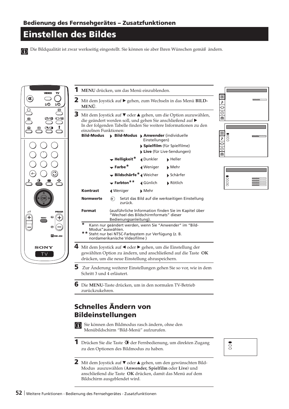 Einstellen des bildes, Schnelles ändern von bildeinstellungen, Bedienung des fernsehgerätes – zusatzfunktionen | Sony KP-41PZ1D User Manual | Page 52 / 135