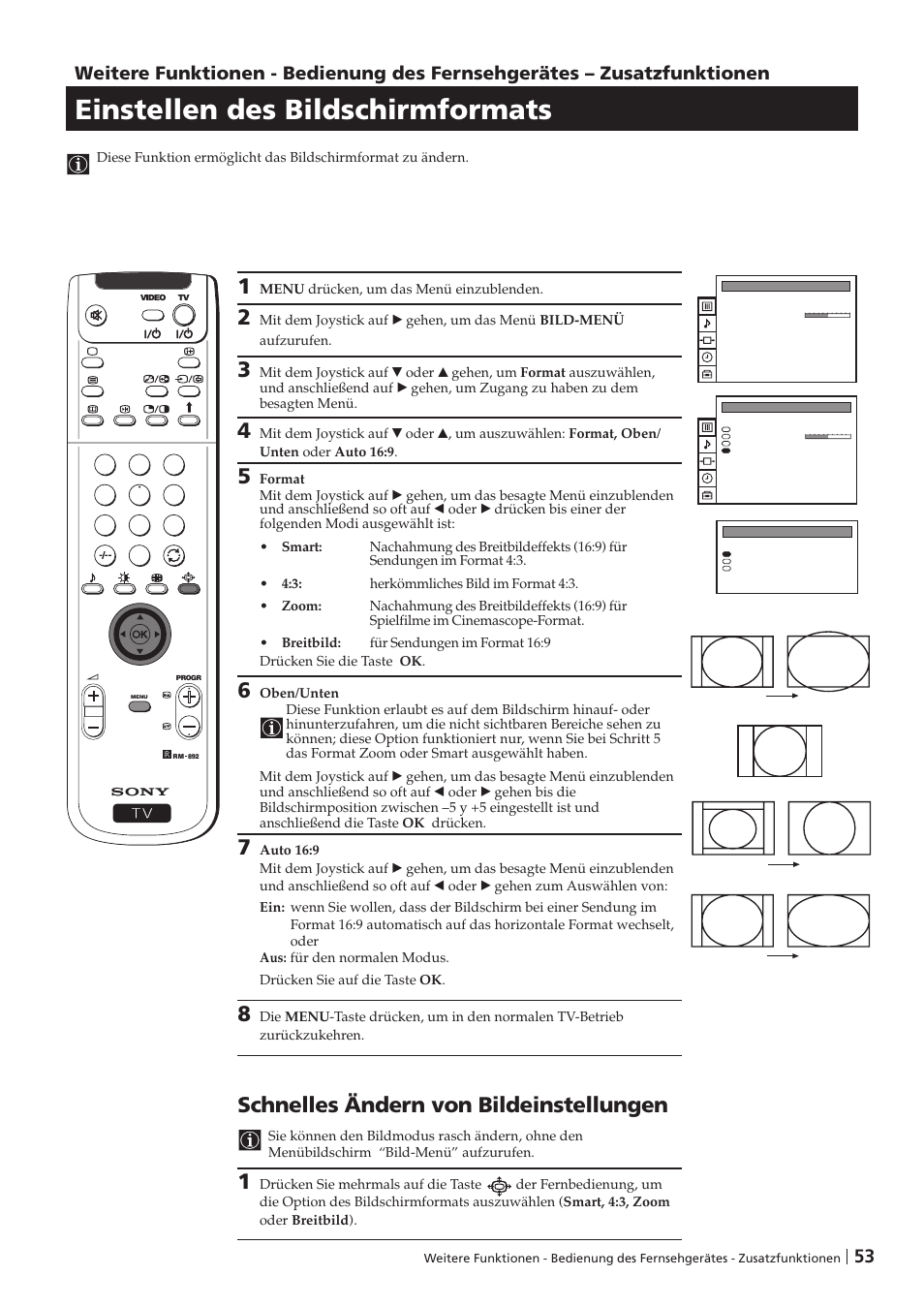 Einstellen des bildschirmformats, Schnelles ändern von bildeinstellungen | Sony KP-41PZ1D User Manual | Page 53 / 135