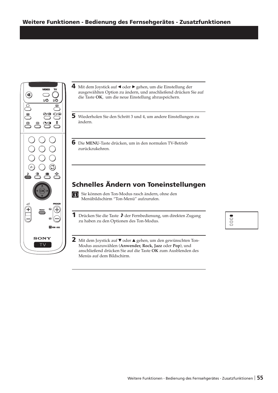 Schnelles ändern von toneinstellungen | Sony KP-41PZ1D User Manual | Page 55 / 135
