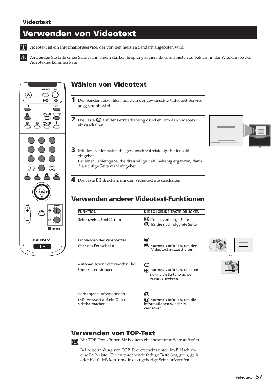 Verwenden von videotext, Verwenden von top-text, Wählen von videotext 1 | Verwenden anderer videotext-funktionen, Videotext, Teletext | Sony KP-41PZ1D User Manual | Page 57 / 135