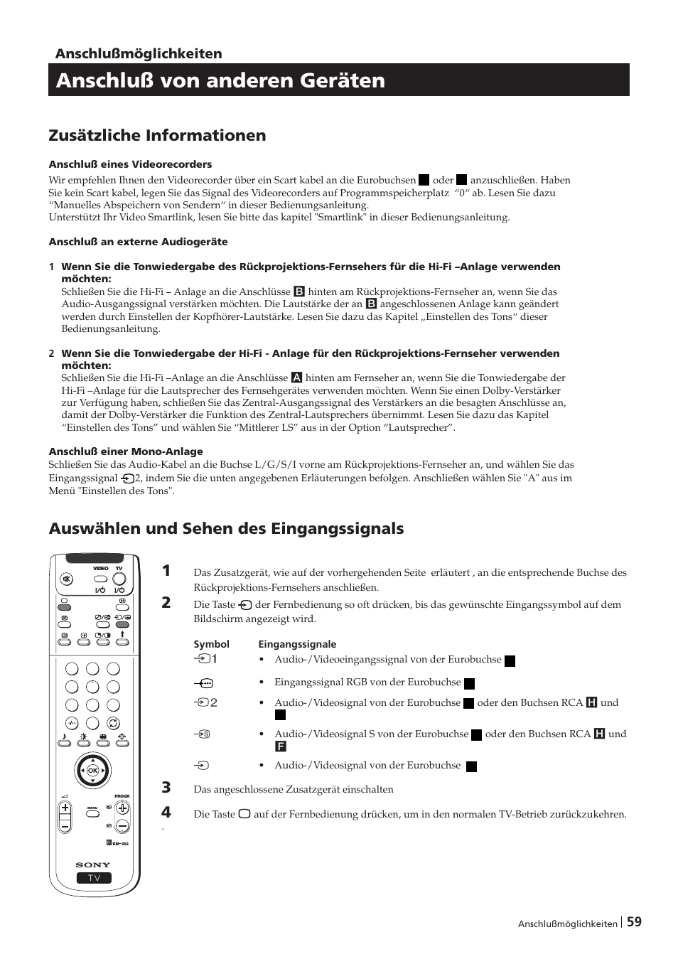 Anschluß von anderen geräten, Zusätzliche informationen, Auswählen und sehen des eingangssignals | 59 anschlußmöglichkeiten | Sony KP-41PZ1D User Manual | Page 59 / 135