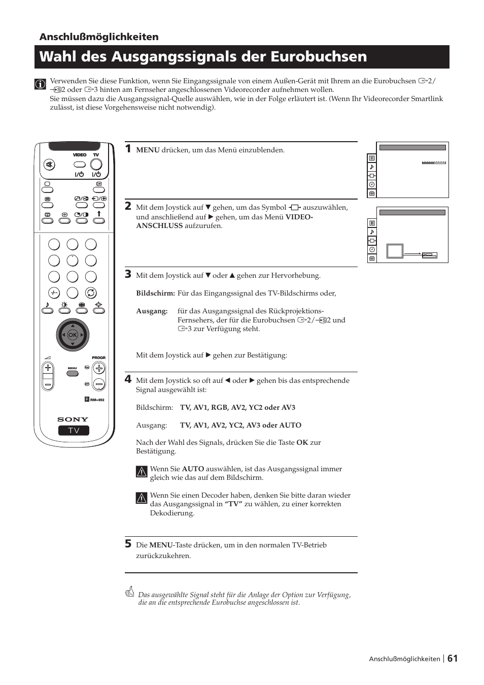 Wahl des ausgangssignals der eurobuchsen, Anschlußmöglichkeiten | Sony KP-41PZ1D User Manual | Page 61 / 135