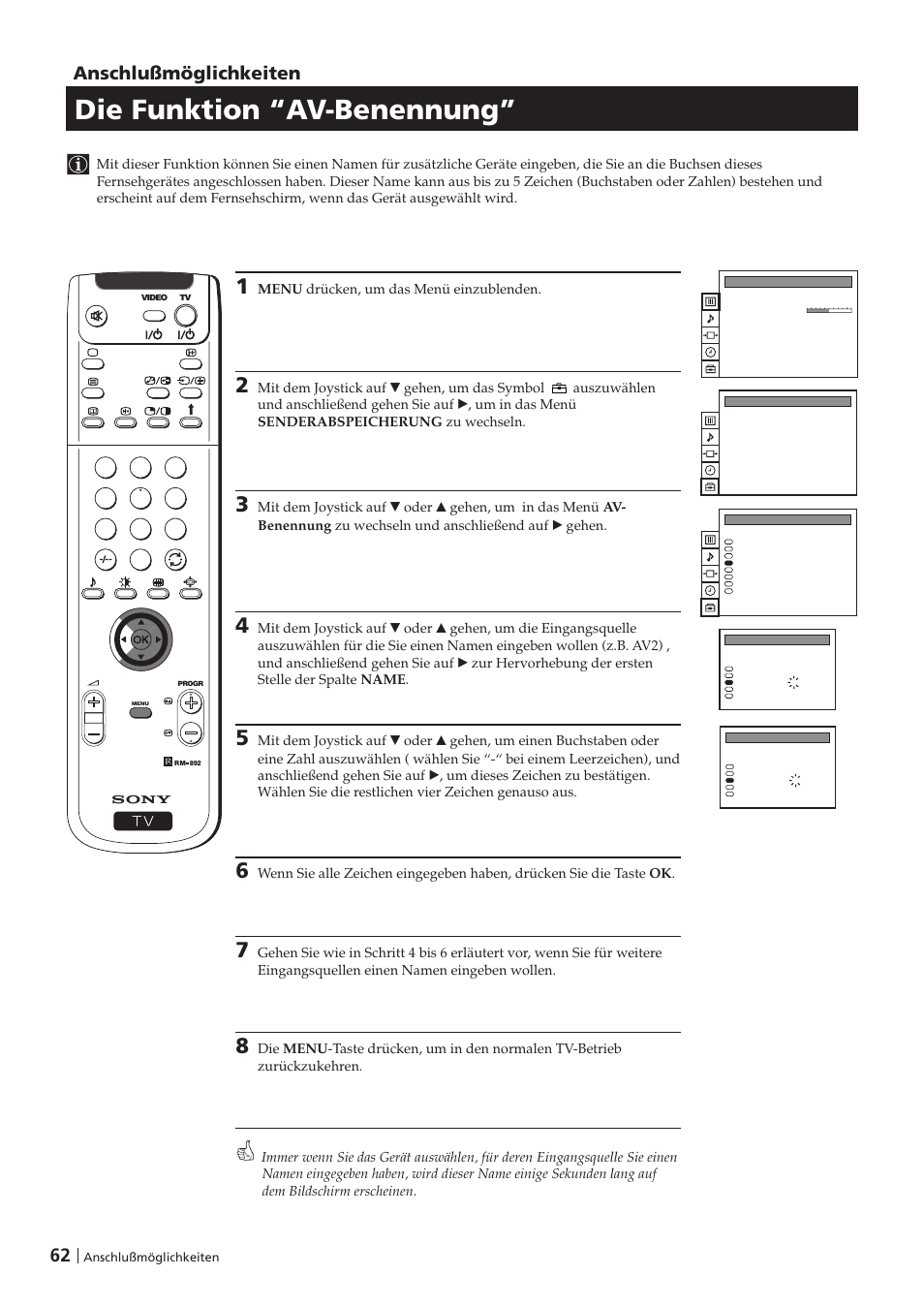 Die funktion “av-benennung, 62 anschlußmöglichkeiten | Sony KP-41PZ1D User Manual | Page 62 / 135